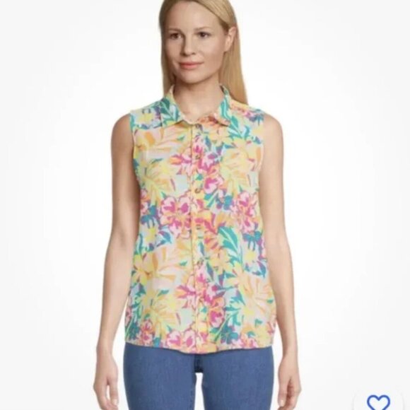 Time and Tru Floral Sleeveless Button Down Shirt - Size XL Linen Summer Tropical - Picture 1 of 7